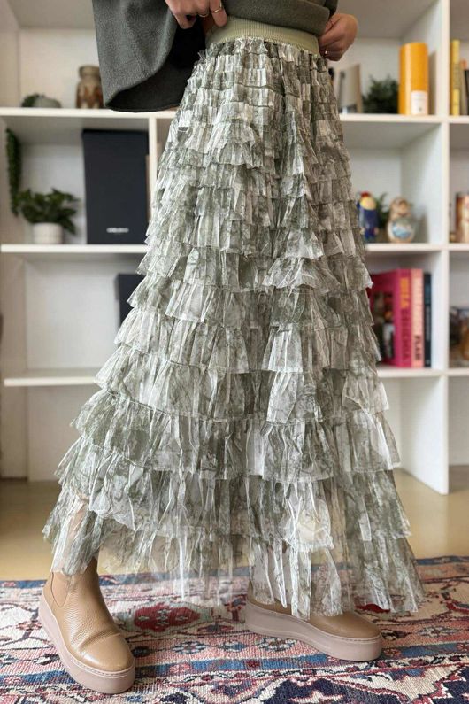 Ramone Marble Mesh Midaxi Skirt Khaki